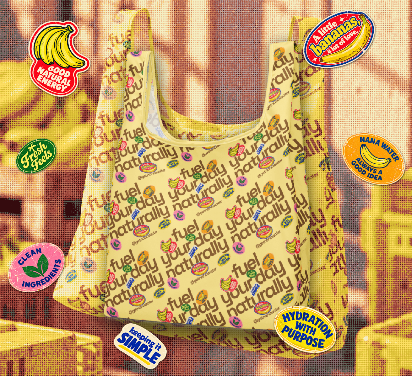 Side view of the NANA Water all-over print grocery bag