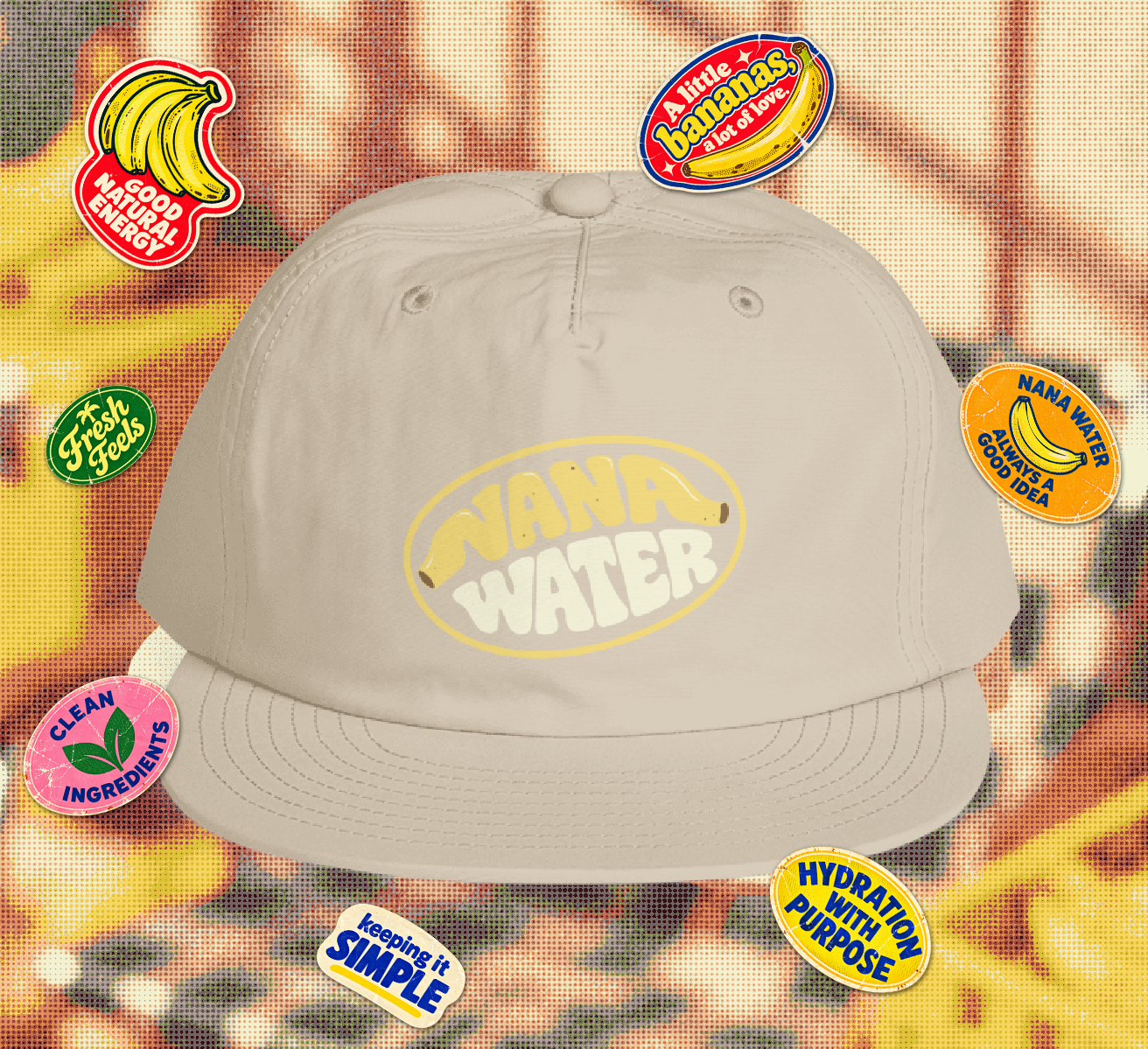Front of the cream NANA Water hat with yellow and cream logo