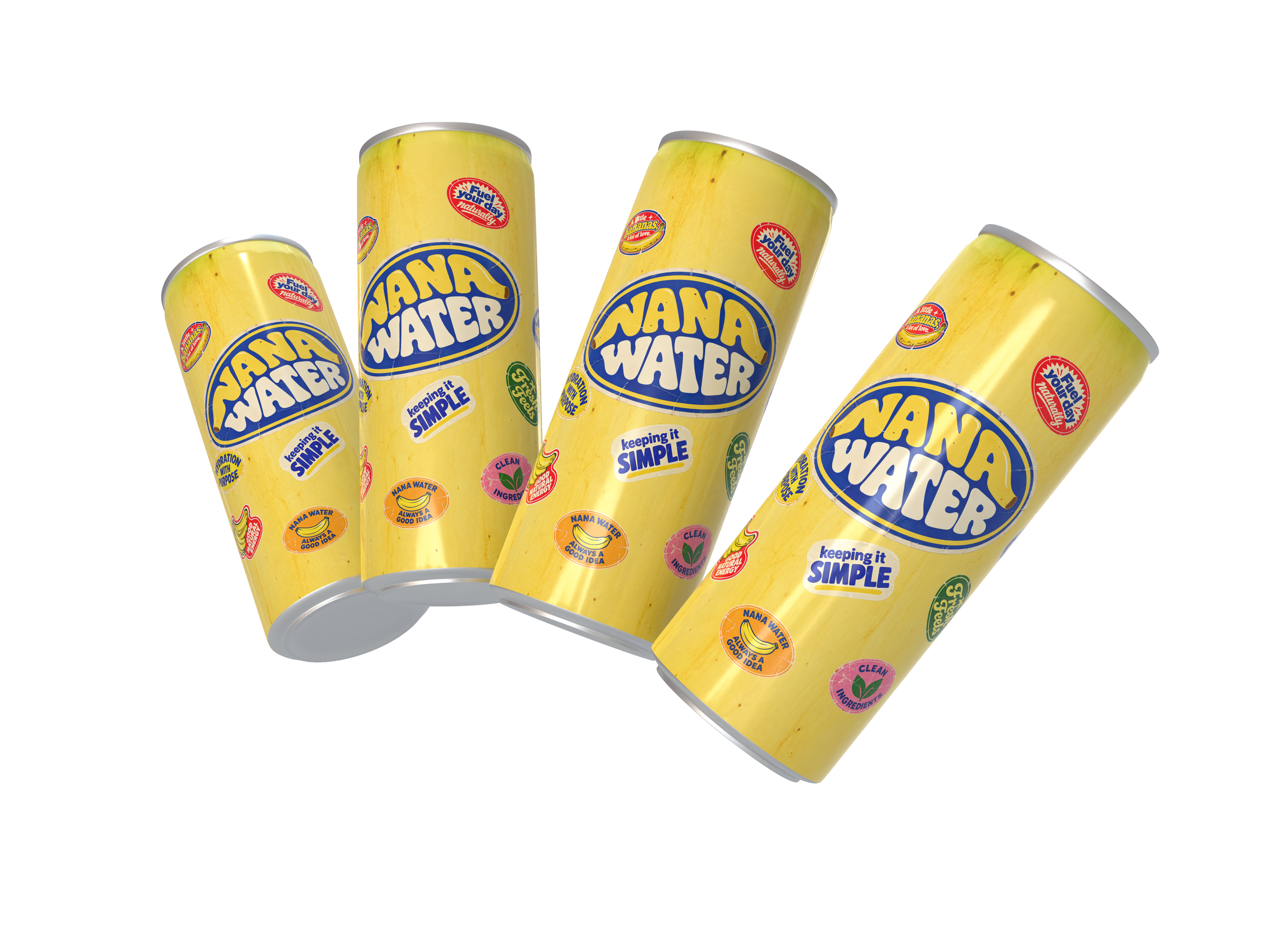 Four NANA Water concept cans with yellow banana-textured labels and colorful fruit stickers